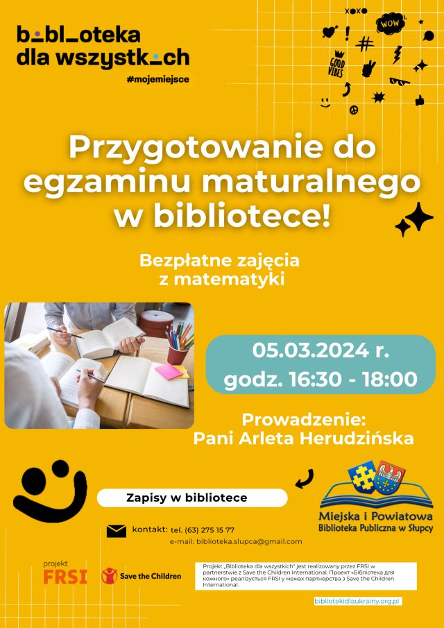 na żółtym tle zaproszenie na zajęcia z matematyki dla maturzystów, z lewej strony zdjęcie młodzieży siedzącej przed zeszytami