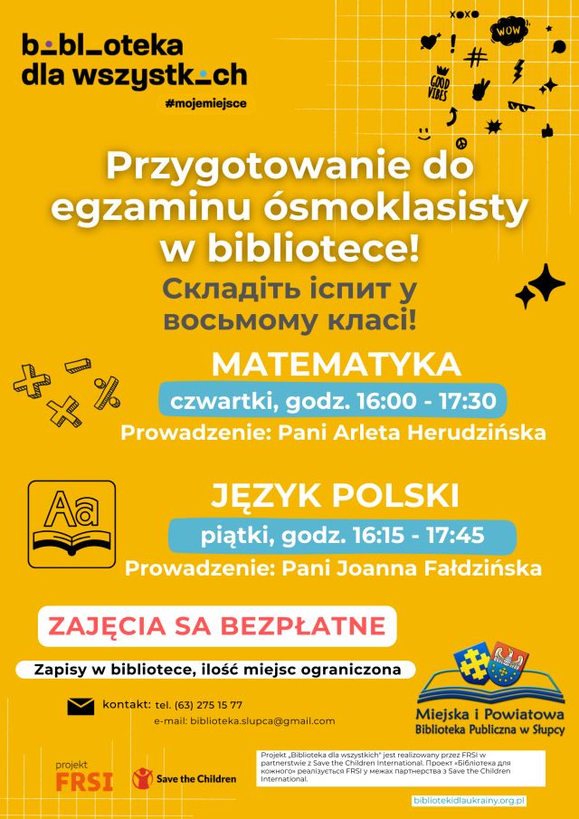 nażółtym tle zaproszenie na zajęcia z języka polskiego i matematyki