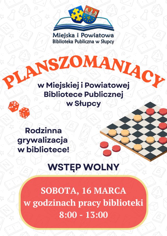 na białym tle zaproszenie na gry planszowe, w tle warcaby, u góry logo biblioteki