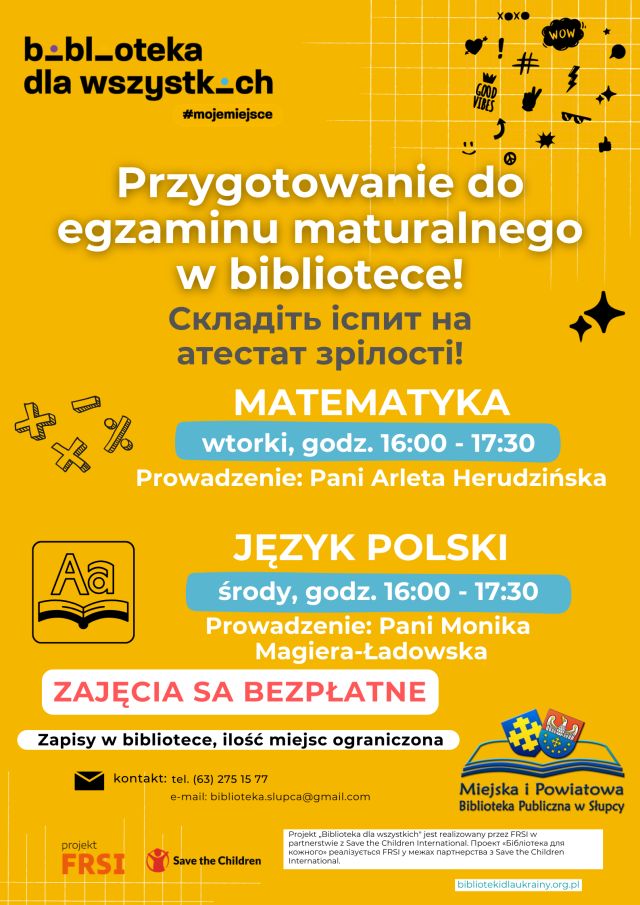nażółtym tle zaproszenie na zajęcia z języka polskiego i matematyki