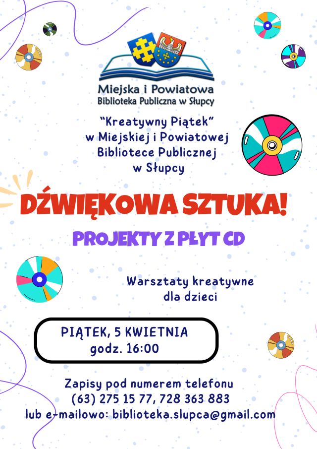 na białym tle zaproszenie na warsztaty z wykorzystaniem płyt CD, na plakacie porozrzucane płyty CD, u góry logo biblioteki