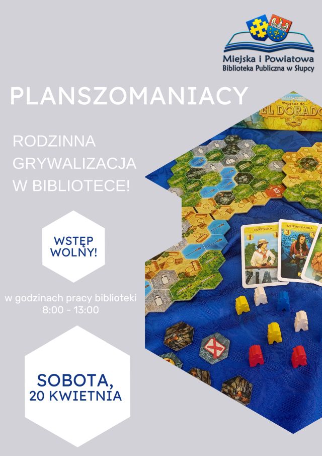 na fioletowym tle zaproszenie na sobotnie rozgrywki planszowe, z prawej strony zdjęcie gry planszowej