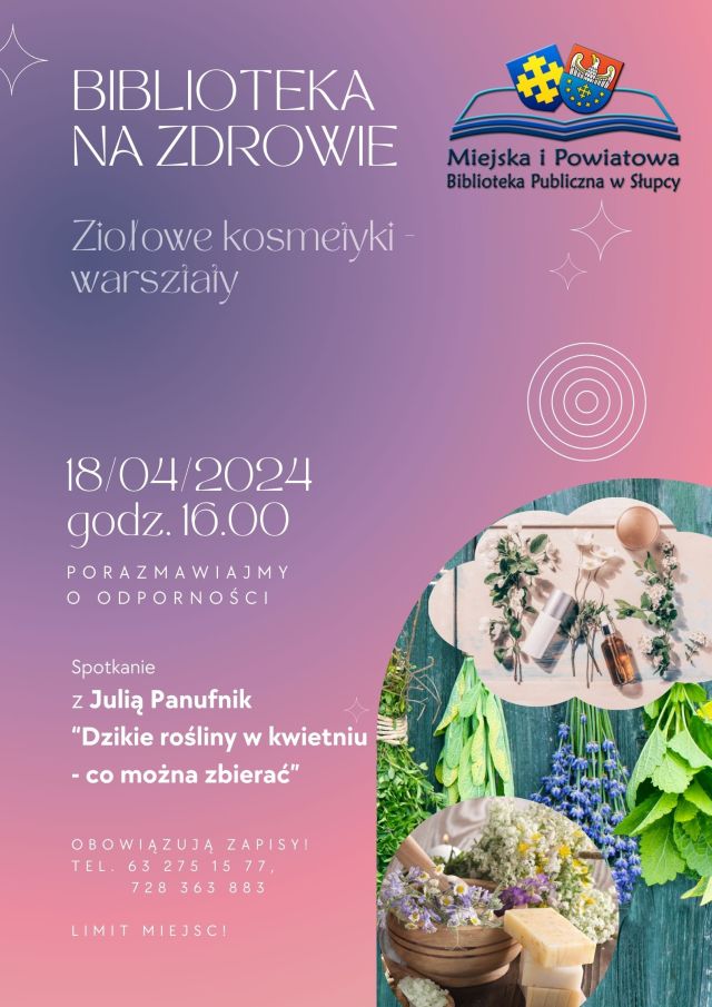 na fioletowym tle zaproszenie na spotkanie z cyklu biblioteka na zdrowie, w prawym dlnym rogu dzikie rośliny i naturalne kosmetyki, u góry logo biblioteki