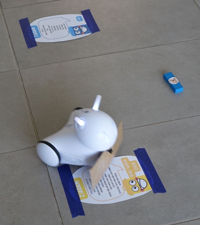 na zdjęciu robnot Photon z świecącymi czułkami, przed nim klocki