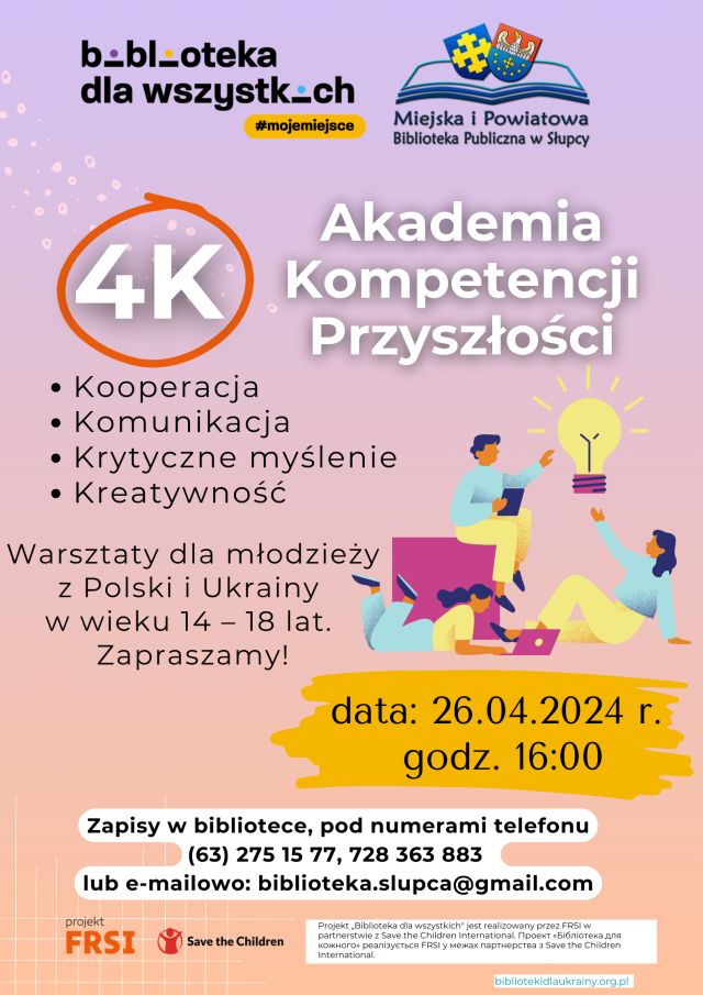 na różowym tle zaproszenie dla młodzieży na warsztaty, z prawej strony rysunki młodzież z żarówką