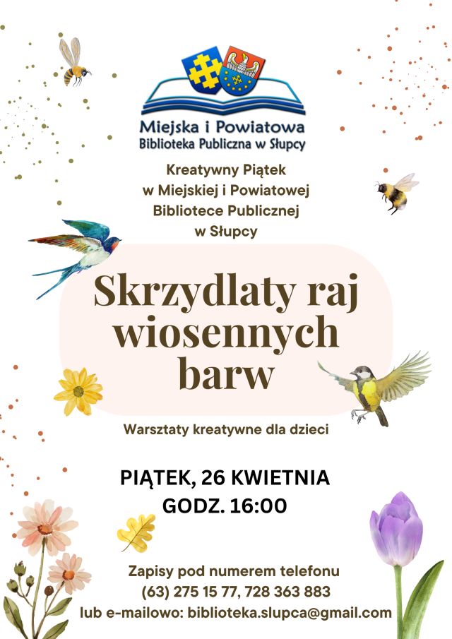 na białym tle zaproszenie na warsztaty, na plakacie kwiatki i ptaszki oraz logo biblioteki u góry
