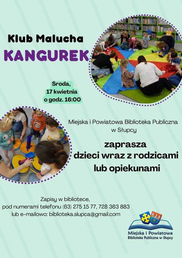 na zielonym tle zaproszenie na spotkanie Klubu Malucha, z prawej i lewej strony bawiące się dzieci z rodzicami