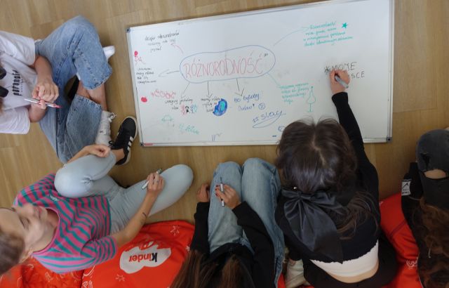 5 młodych osób siedząca na podłodze pisze na dużym arkuszu kartki