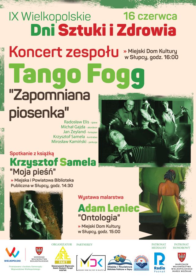 ma różowym tle zaproszenie na wydarzenie, zdjęcia zespołu składającego się z 5 muzyków, zdjęcie stojącej tyłem kobiety i zdjęcie mężczyzny z kontrabasem