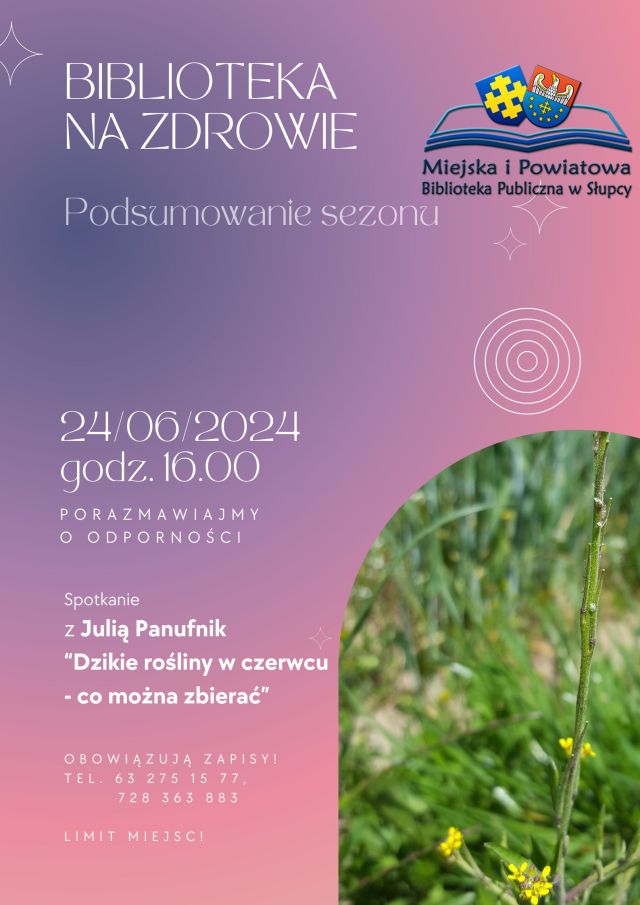 na fioletowym tle zaproszenie na spotkanie, u dołu z prawej strony trawa i dzikie rośliny. U góry logo biblioteki