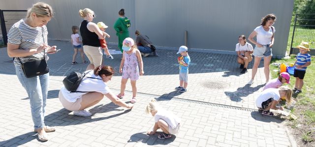 dzieci z rodzicami malują kredą na chodniku
