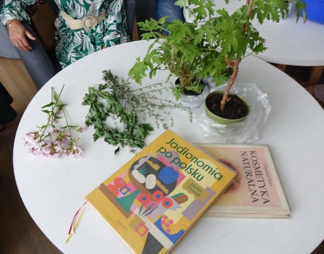 na zdjęciu okrągły biały stół, a na nim roślina w doniczce oraz dwie książki