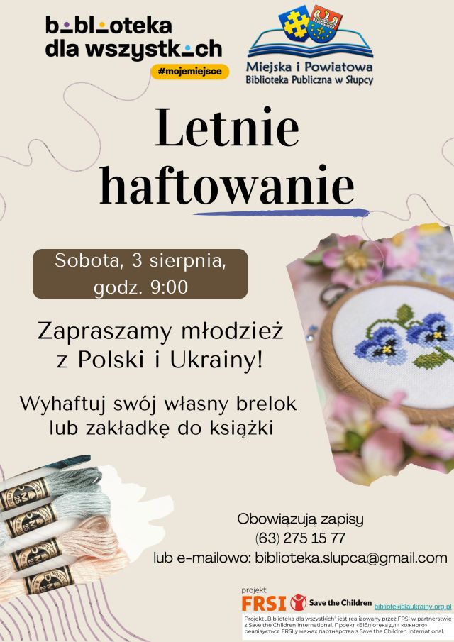 na delikatnym fioletowym tle zaproszenie na warsztaty, z prawej strony haft