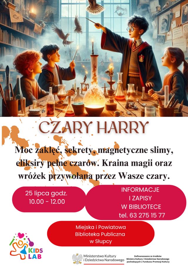 u góry kadr z filmu o Harrym Potterze - Harry z różdżką, wokół niego dzieci przy stole, w tle regały, od połowy opis i zaproszenie na warsztaty