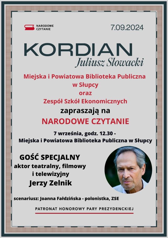 na siwym tle z ramką wokół zaproszenie na Narodowe Czytanie, w dole z prawej strony zdjęcie aktora