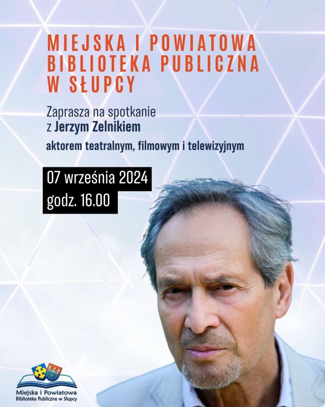 na niebieskim tle zdjęcie aktora i zaproszenie na spotkanie