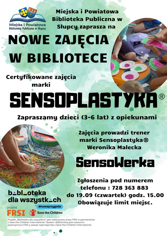 na zielonym tle zaproszenie na warsztaty, zdjęcia bawiących się dzieci