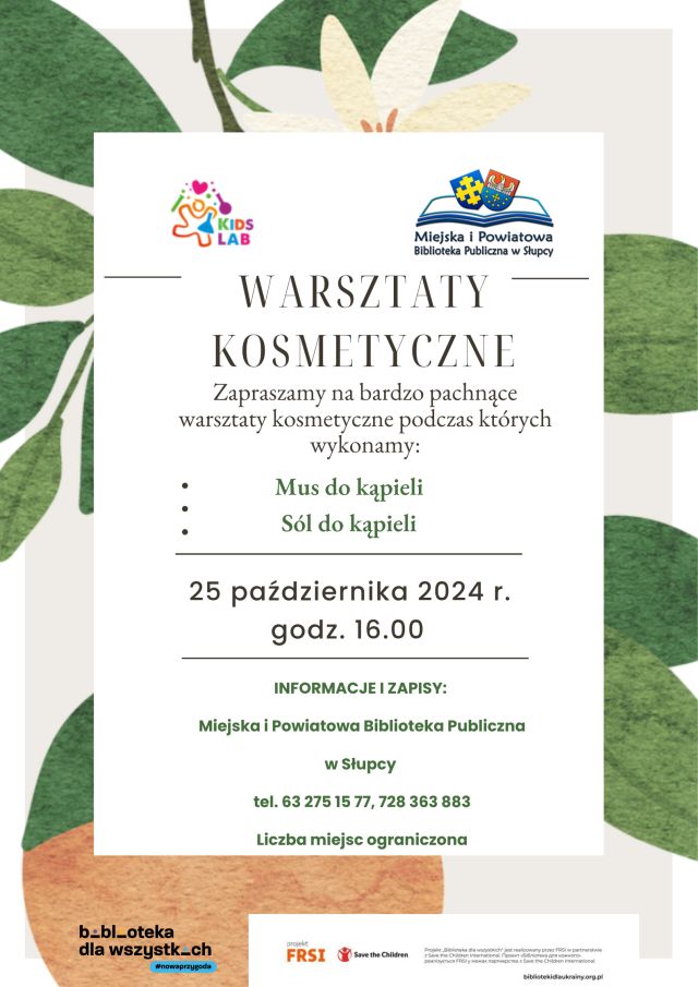 na jasnym tle z ramką z liśćmi zaproszenie na warsztaty kosmetyczne