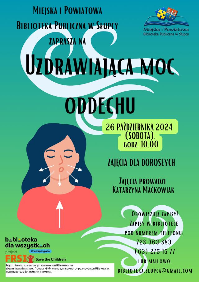 na zielonym tle zaproszenie na warsztaty, z lewej strony rysunek oddychającej kobiety
