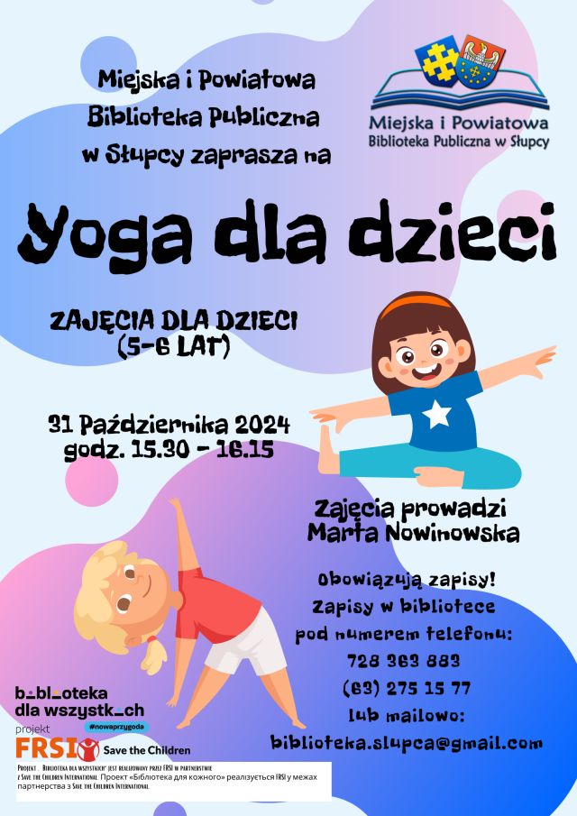 na jasnym niebieskim tle zaproszenie na warsztaty oraz ilustracje ćwiczących dzieci