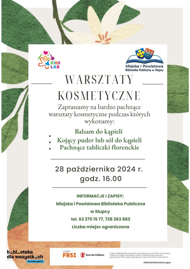 na jasnym tle z ramką z liśćmi zaproszenie na warsztaty kosmetyczne