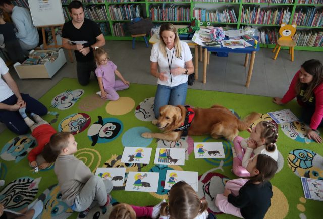 dzieci z psem patrzą na ułożone na kolorowym dywanie zdjęcia ilustracji