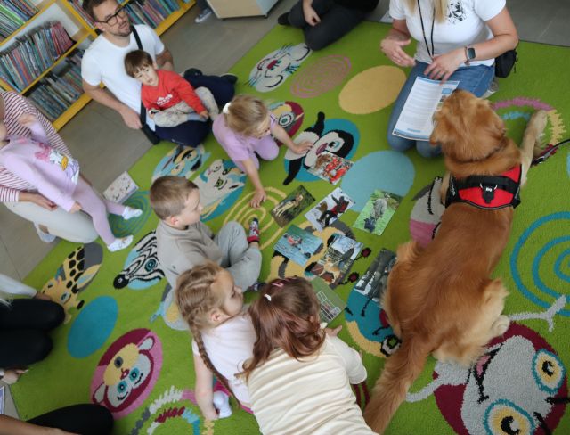 dzieci i pies patrzą na kolorowe ilustracje ułożone na dywanie