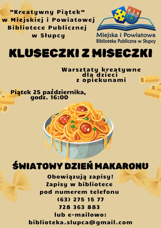 na szarym tle zaproszenie na warsztaty, na środku plakatu zwinięty makaron, z prawej i lewej strony makaron