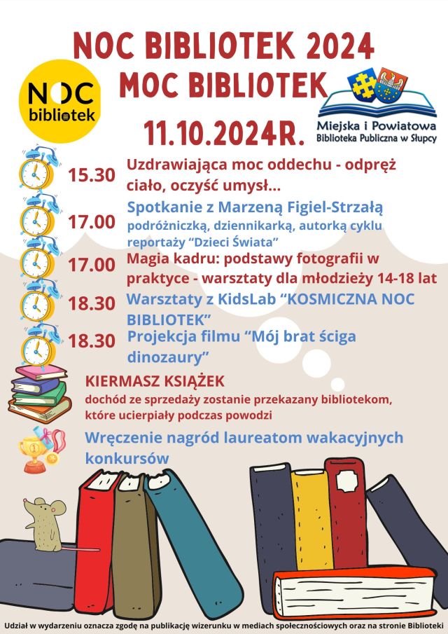 na białym tle wydarzenia na Noc Bibliotek, u dołu plakatu książki