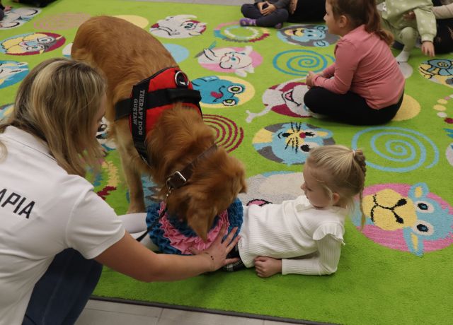 pies szuka smakołyków na macie rozłożonej na dziewczynce