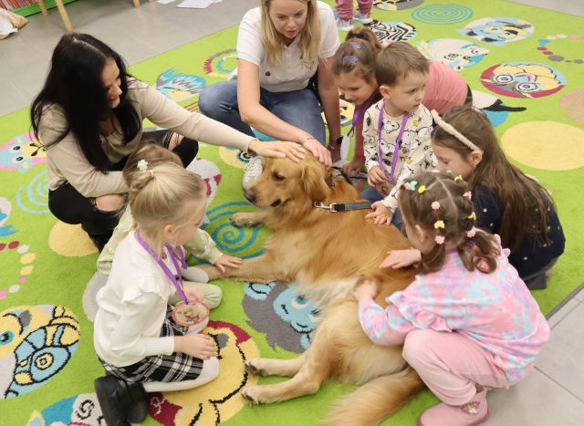 dzieci głaszczą psa siedząc na kolorowym dywanie