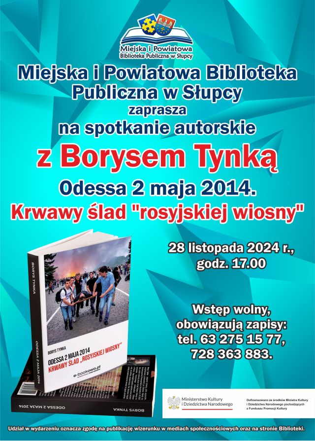 na niebieskim tle zaproszenie na spotkanie oraz zdjęcie książki