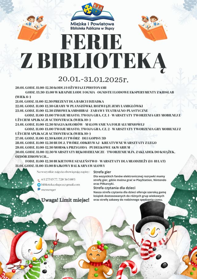 u góry z prawej i lewej strony ilustracje dzieci czytających książkę, u góry na środku logo biblioteki, poniżej plan na ferie, u dołu pejzaż zimowy