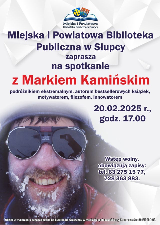 na jasnym tle zdjęcie mężczyzny przypruszonego śniegiem i lodem, w okularach przeciwsłonecznych oraz zaproszenie na spotkanie