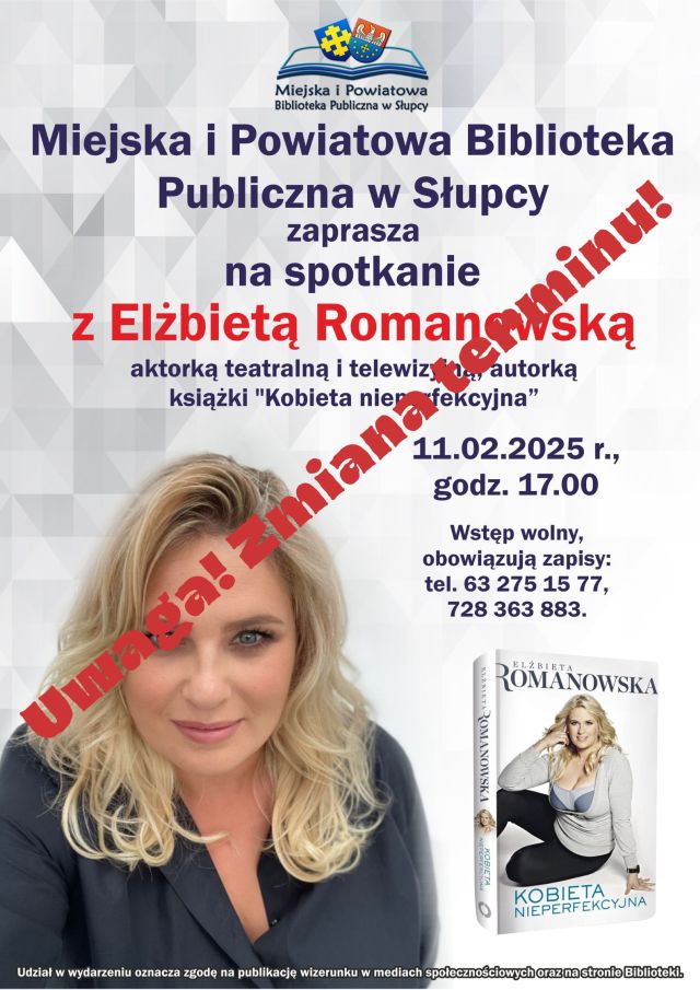 na białym tle zdjęcie kobiety i zaproszenie na spotkanie z czerwonym napisem o zmianie terminu