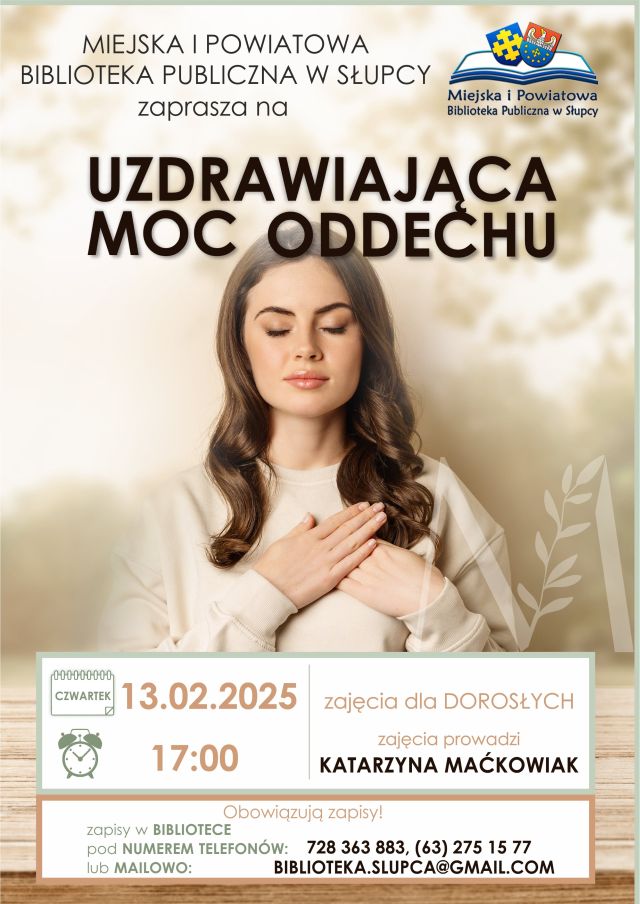 na jasnym tle zdjęcie kobiety z zamkniętymi oczami i skrzyżowanymi rękami oraz zaproszenie na warsztaty