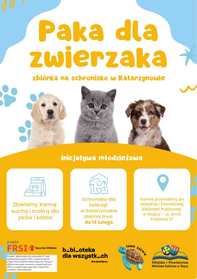 na jasnym tle zdjęcie dwóch psów i kota oraz informecje na temat zbiórki