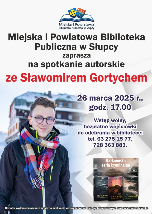 na zdjęciu mężczyzna w klimacie zimowym i zaproszenie na spotkanie, w tle schronisko górskie