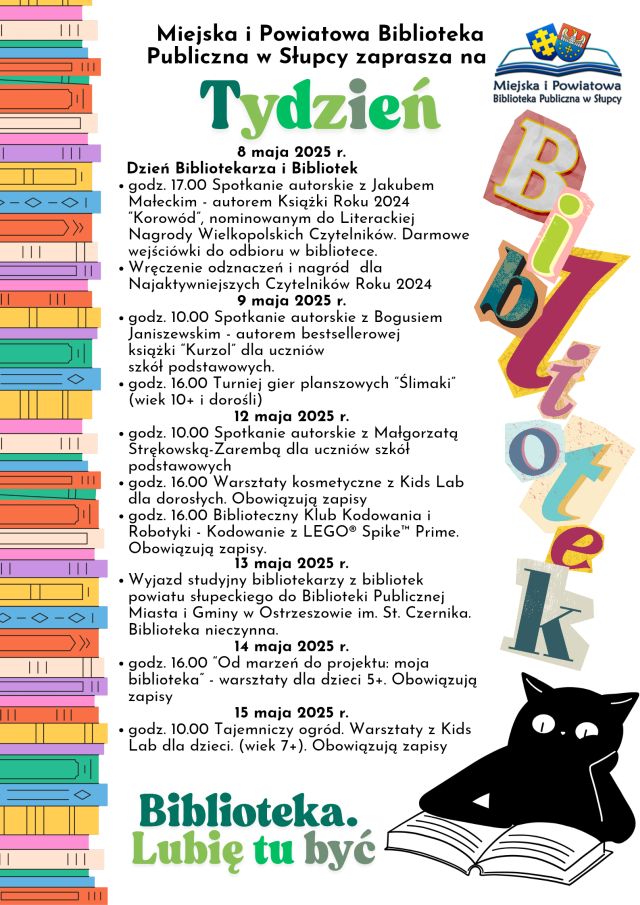 na plakacie program Tygodnia Bibliotek, z prawej strony napis Bibliotek i czarny kot, z lewej strony wieża z książek