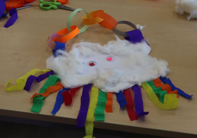 chmurka z waty i kolorowych pasków u dołu