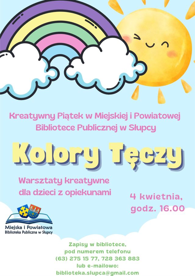 na niebieskim tle napis Kolory tęczy i zaproszenie na warsztaty, u góry chmurka i słońce, u dołu z lewel strony logo bilioteki
