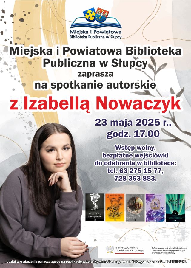 na siwym tle kobieta w czarnych włosach, zaproszenie na spotkanie oraz zdjęcia okładek książek