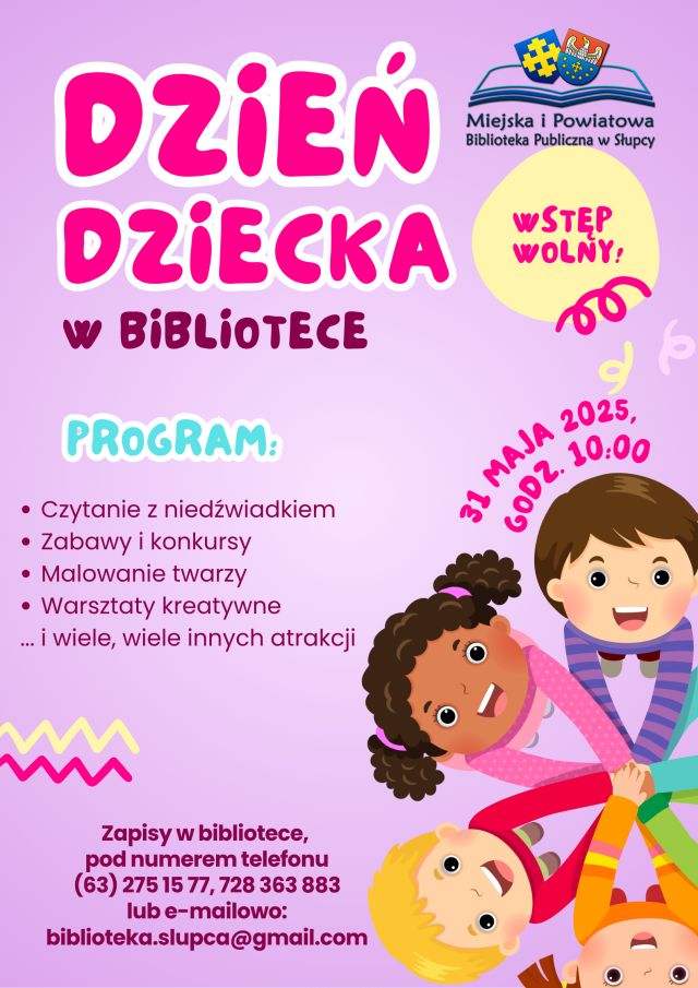 na różowym tle program Dnia Dziecka, z prawej strony ilustracje śmiejących się dzieci i logo biblioteki