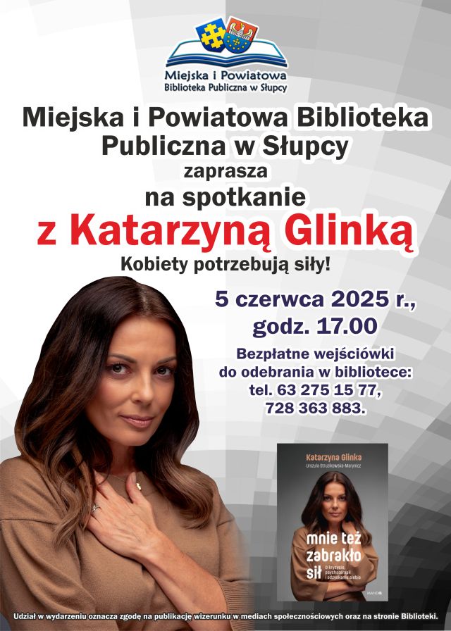 na jasnym tle zaproszenie na wydarzenia, niżej zdjęcie kobiety i okładka książki, u góry logo biblioteki
