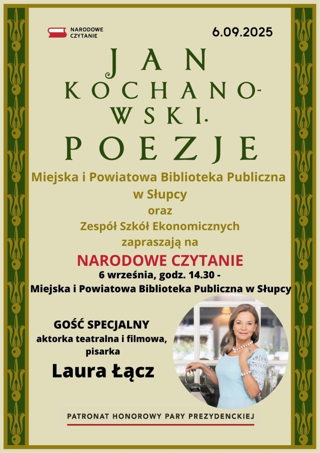 na kremowym plakacie zaproszenie na Narodowe Czytanie, plakatz zielonymi paskami z lewej i prawej strony, w prawym dolnym rogu zdjęcie kobietyw jasnej sukience