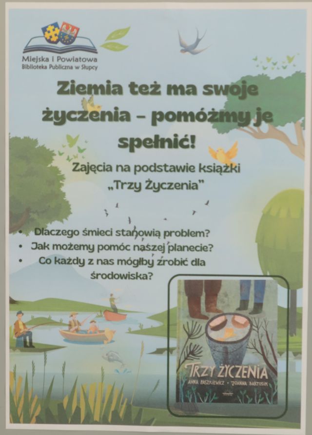 plakat zapraszający na warsztaty ekologiczne, jasno zielone tło, rośliny , okładka książki Trzy życzenia