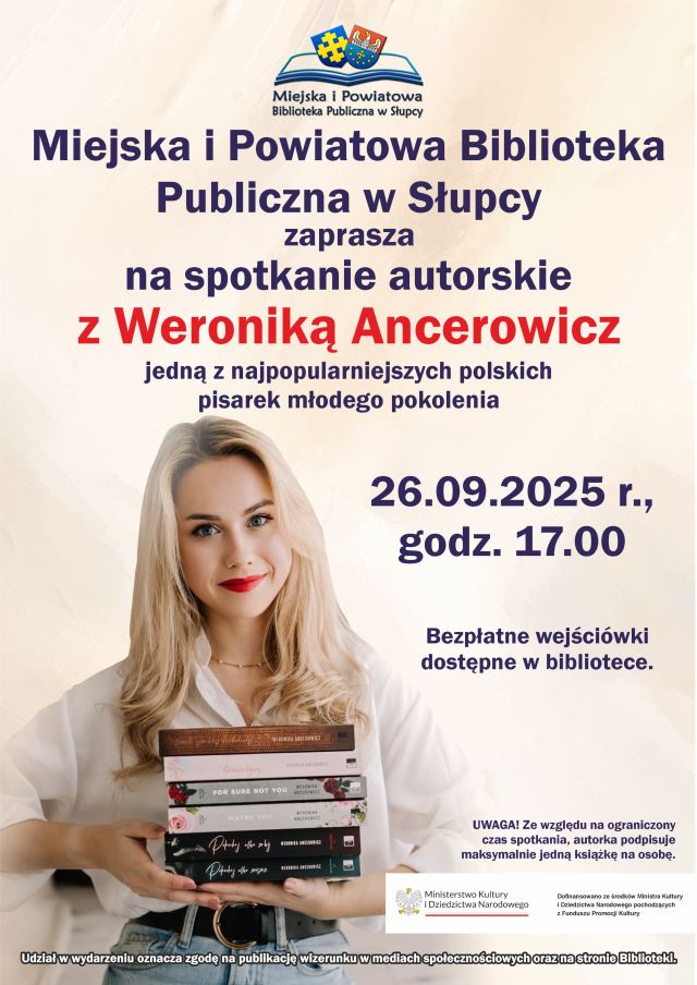 na kremowym tle zdjęcie dziewczyny z blond włsami z książkami oraz zaproszenie na spotkanie