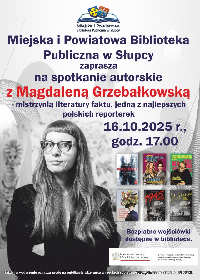 na siwym tle zdjęcie kobiety i zaproszenie na spotkanie autorskie, z prawej strony okładki książek, u góry logo biblioteki, u dołu z prawej strony logo MKiDN