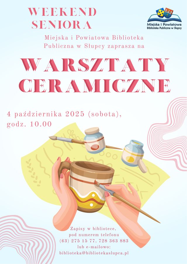 na jasnym tle zaproszenie na warsztaty , ilustracja z kubkami i pędzlami