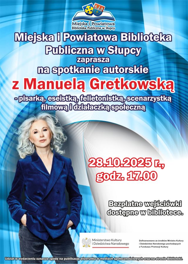 na plakacie fotografia kobiety i zaproszenie na spotkanie na błękitnym tle